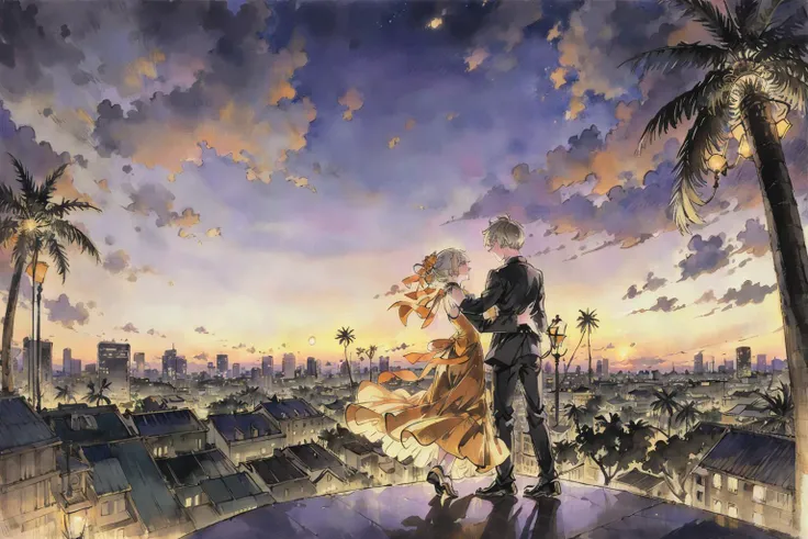masterpiece, highly detailed, (chibi),
1girl dancing with a boy, yellow dress, boy wearing a suit, melody, sunset, romantic, musical, cityscape, skyscrapers, Hollywood sign, palm trees, orange sky, couples dancing, vintage cars, streetlights, silhouettes of buildings, hills.