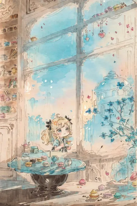 masterpiece, highly detailed, (chibi:1.3), 
(1girl), blonde hair, pastel colors, cozy atmosphere, dessert display case, macarons, cupcakes, tarts, cakes, coffee machine, chalkboard menu, natural lighting, glass jars filled with candy, frosted window panes, decorative plates, whimsical decor, sugar sculptures,   <lora:fashionGirl_v50:1>