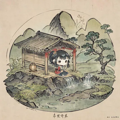 masterpiece, best quality, isometric, diorama, (cute chibi girl:1.2). with kitten, bonsai tree, grass, reeds, (waterfall:0.8), pond, coi carp, cozy wooden hut, in the style of hiroshige, ukiyo-e print <lora:nada_namie_v2:1>