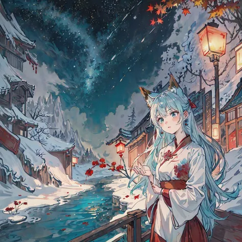 1girl, (fox ears:1.1), shirakami fubuki, looking at viewer, jewelry, ribbon, ribbon-trimmed sleeves, long hair, white, aqua eyes, watercolor (medium), colored pencil (medium), green bow, (blue rose:1.1), earrings, mountain, dusk, autumn leaves, ((autumn)), chinese clothes, clouds, east asian architecture, bird, expressionless, building, red rose, rose, snow, snowflakes, fire, (nagishiro mito:1.2), sky, blue sky, red moon, fox tail, fox mask, red dress, wet, rain, water, white flower, blue flower, yellow flower, shooting star, starry sky, tree, green background, rainbow, blood, house, street, (river:0.8), (ocean:0.8),(waterfall:0.8), hand on own chest, lamppost, lights, (night:1.255), hitodama
