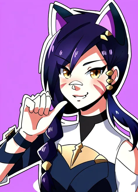 1girl, solo, long hair, looking at viewer, black hair, bandaid on face, yellow eyes, animal ears, smile, bandaid on nose, braid, cat ears, bandaid, ,bodysuit, gloves, teeth, scarf, blush, hair ornament, purple hair, fingerless gloves, facial mark, orange eyes, jewelry, <lora:Erisafortnite-09:1>