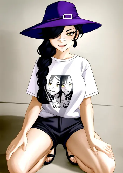 1girl, solo, long hair, looking at viewer, black hair, bandaid on face, yellow eyes, smile, bandaid on nose, braid, bandaid, bangs, breasts, open mouth, fang, bare shoulders, scar, teeth, shirt, bare shoulders, white shirt, short sleeves, closed mouth, t-shirt, hair over one eye, portrait, hair over shoulder, shorts,sandals, breast,purple hat, shorts,<lora:kairunoborugu_v1:0.9> <lora:Kairunoburogu:0.2> <lora:Erisafortnite-09:0.5>