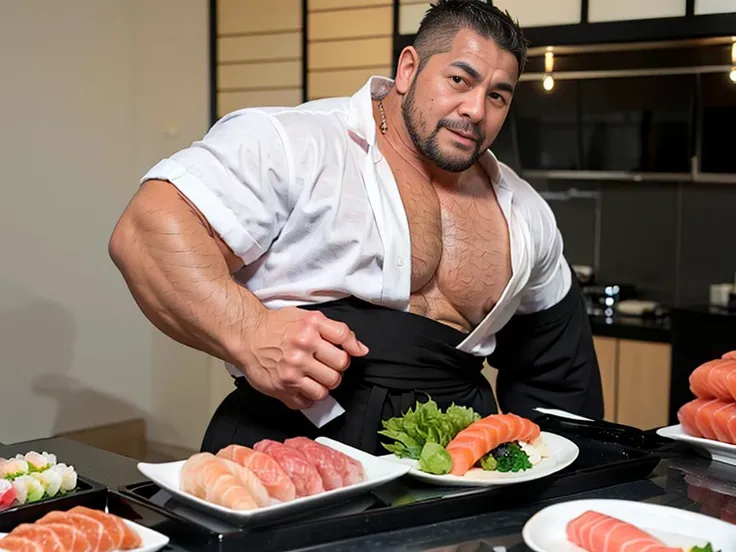 a 45 years old (stocky:2.0) (japanese:1.0) (korean:1.5) (programmer:1.0) sushi chef (overweight:0.75) with (smile:0.5), wide thick eyebrows, small eyes, beard, black short mohican, and a huge penis, sushi, sushi omakase dinner, wild, looking at viewer, <lora:turbomale_LoraV6:2.0><lora:animePenisLORA_animePenisV3:0.3><lora:BetterCocks:0.3><lora:flaccidPenisAnimeLora_v2:0.1><lora:onlycocksV10_v01:0.1><lora:penisLora_v2:0.142><lora:superFlaccidPenis_v20:0.1>