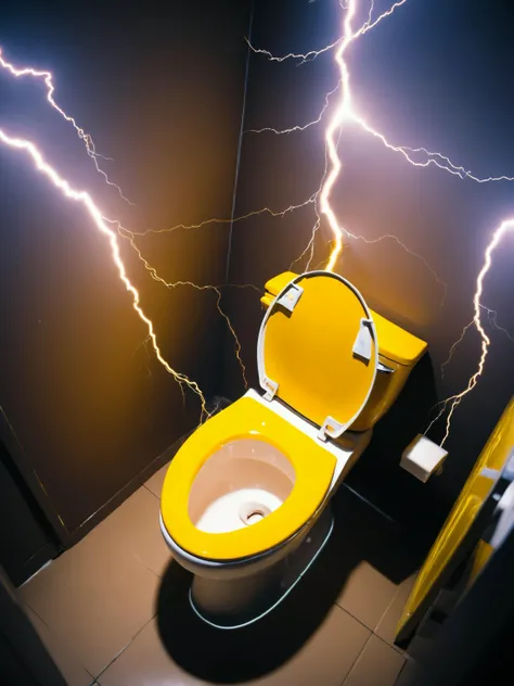 closeup wide angle macro photo of a toilet, <lora:xl_shanbailing_0927lightning:1.2> (composed of elements of thunder, thunder, electricity), nighttime, darkness, yellow theme