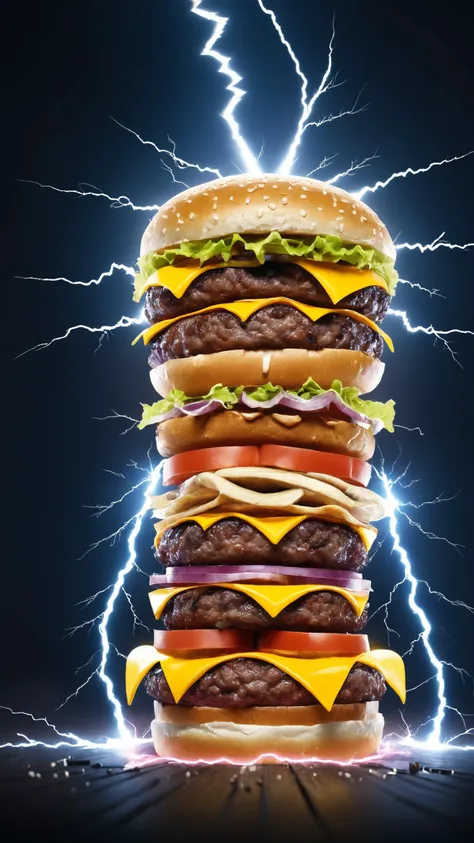 a stacked hamburger, <lora:xl_shanbailing_0927lightning:1> composed of elements of thunder, thunder, electricity