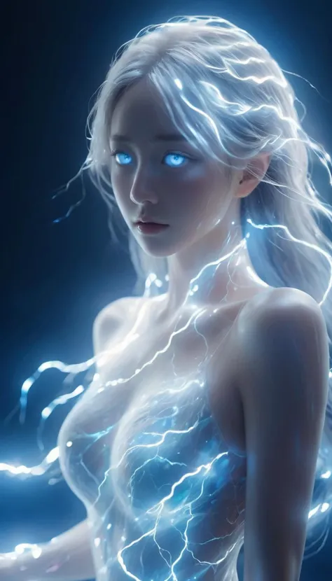 <lora:loraxl_shanbailing_0927lightning-000010:1>,composed of elements of thunder,thunder,electricity,Create a spectral woman with a (translucent appearance:1.3),Her form is barely tangible,with a soft glow emanating from her gentle contours,The surroundings subtly distort through her ethereal presence,casting a dreamlike ambiance,(white hair:0.1),((BLUE eyes)),((glowing)),