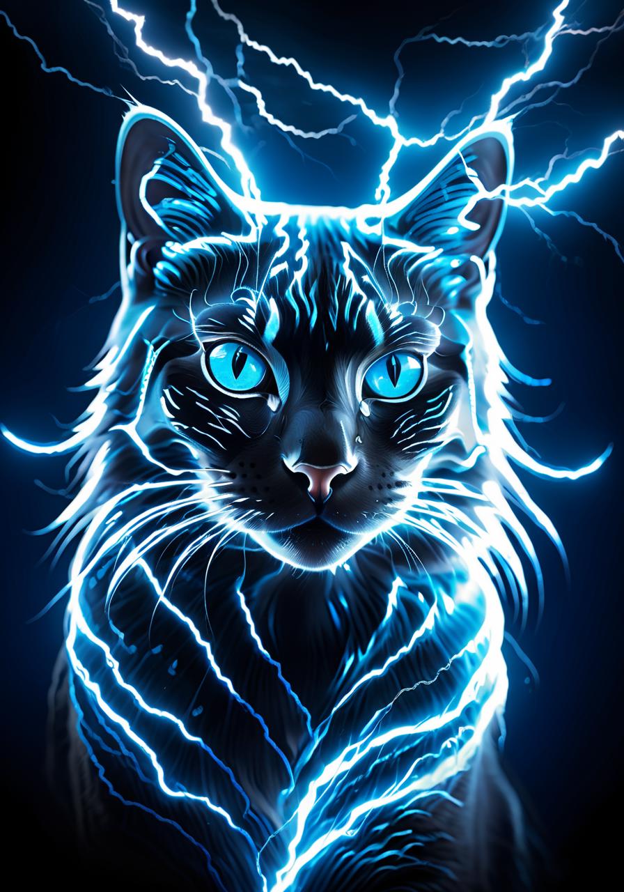 A black cat with blue eyes and lightning in the dark - SeaArt AI