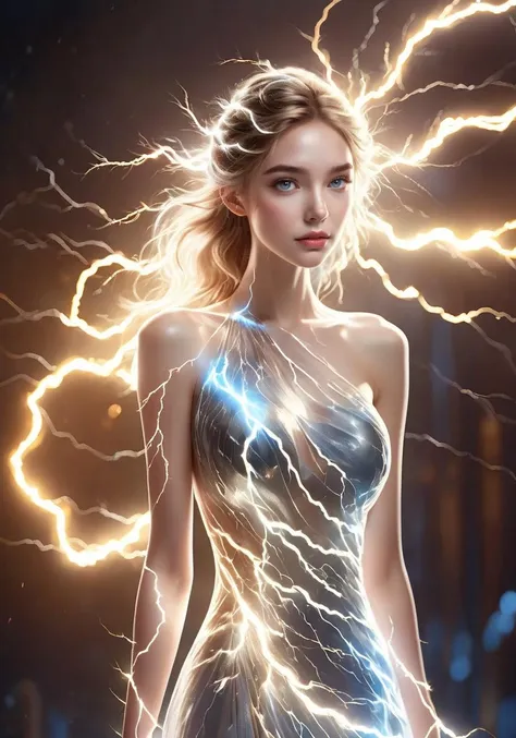 (Masterpiece, high quality, best quality, official art, beauty and aesthetics:1.2),(1girl:1.3),formal_dress,wedding_dress,<lora:xl_shanbailing_0927lightning-000010:1>,(A girl wrapped in lightning soaring thunderbolts radiate thunderbolts),composed of elements of thunder,thunder,electricity,transparency,((translucent luminous body)),