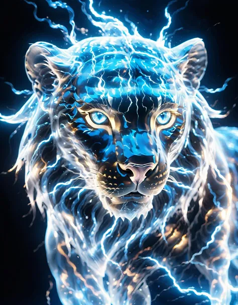 (Masterpiece, high quality, best quality, official art, beauty and aesthetics:1.2),thunder,composed of elements of thunder,no humans,glowing,glowing eyes,blue theme,(lion,mane),fire element,composed of fire elements,