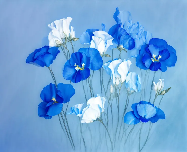there are blue flowers in a vase on a table, blue - petals, blue flowers, blue wall, mediumslateblue flowers, smeared flowers, blue soft light, blue soft background, by Helen Stevenson, by Mary Moser, soft blue light, by Lynn Pauley, pressed flowers, by David Budd, (flowers), flower artworks society, <lora:Floweria_yiu_v10:0.6>