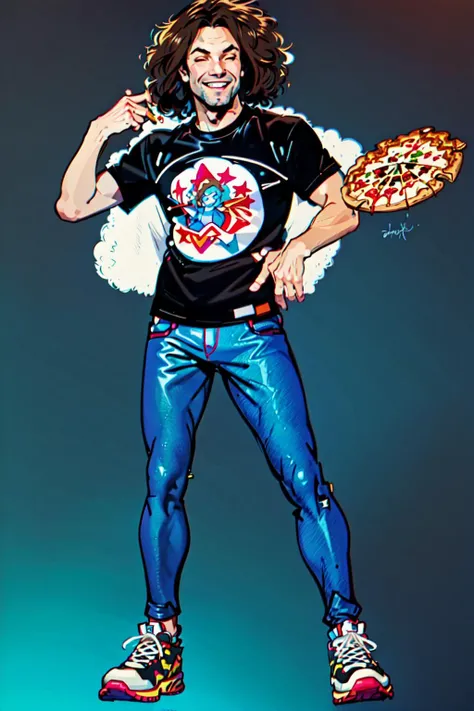 <lyco:Dan_Avidan-10:1> Dan Avidan,1boy, male focus, solo, brown hair, food, shoes, shirt, black background,monster boy, smile, cheese, pizza, sneakers, pants, full body, blue pants, closed eyes, simple background, signature, print shirt, star \(symbol\), fantasy, shonen, Leigh Daniel Avidan