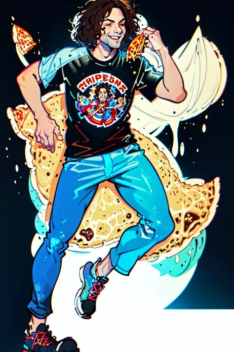 <lyco:Dan_Avidan-10:1> Dan Avidan,1boy, male focus, solo, brown hair, food, shoes, shirt, black background,monster boy, smile, cheese, pizza, sneakers, pants, full body, blue pants, closed eyes, simple background, signature, print shirt, star \(symbol\), fantasy, shonen, Leigh Daniel Avidan