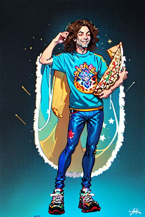 <lyco:Dan_Avidan-10:1> Dan Avidan,1boy, male focus, solo, brown hair, food, shoes, shirt, black background,monster boy, smile, cheese, pizza, sneakers, pants, full body, blue pants, closed eyes, simple background, signature, print shirt, star \(symbol\), fantasy, shonen, Leigh Daniel Avidan