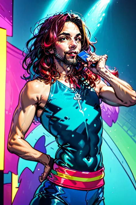 <lyco:Dan_Avidan-10:0.75> Dan Avidan, Danny Sexbang,(masterpiece, best illustration, extreme light and shadow, vivid colors), (shine, bloom), (ultra detailed), (90s cartoon, anime style),solo, 1boy, male focus, smile, red hair, holding, 90s style phone, black eyes, upper body, holding phone, afro,facial hair, stubble, looking at viewer, blue leotard, leotard, blue pants, pants, star /(symbol/), ribbon, parted lips, flat color, jewelry,shirt, red ribbon, necklace, sleeveless, corded phone,fantasy, shonen, Leigh Daniel Avidan, art by Shoocharu, (wide shot), cel animation style,(extremely detailed illustrated anime 8k wallpaper),(masterpiece), (best quality), (ultra-detailed), (best illustration),(best shadow),perfect lighting , perfect anatomy , vivid colors, (1980s rock star, 1980s aesthetic),(close up)