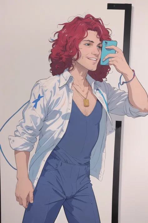 <lora:Dan_Avidan-10:0.75> Dan Avidan, Danny Sexbang,(masterpiece, best illustration, extreme light and shadow, vivid colors), (shine, bloom), (ultra detailed), (90s cartoon, anime style),solo, 1boy, male focus, smile, red hair, holding, 90s style phone, black eyes, upper body, holding phone, afro,facial hair, stubble, looking at viewer, blue leotard, leotard, blue pants, pants, star /(symbol/), ribbon, parted lips, flat color, jewelry,shirt, red ribbon, necklace, sleeveless, corded phone,fantasy, shonen, Leigh Daniel Avidan, art by Shoocharu, (wide shot), cel animation style,(extremely detailed illustrated anime 8k wallpaper),(masterpiece), (best quality), (ultra-detailed), (best illustration),(best shadow),perfect lighting , perfect anatomy , vivid colors, (1980s rock star, 1980s aesthetic),(close up)
