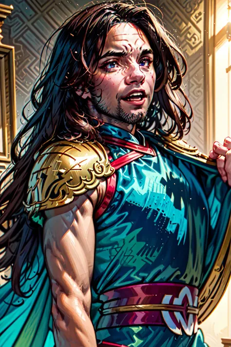 <lyco:Dan_Avidan-10:0.8> Dan Avidan, (masterpiece, best illustration, extreme light and shadow, vivid colors), (shine, bloom), (ultra detailed), (cartoon, anime style),solo, shoulder armor, open mouth, 1boy, armor, long hair, pauldrons, male focus, brown hair, wide-eyed, parody, looking at viewer, dynamic angle, rule of thirds, stubble, looking at viewer, fantasy, shonen, Leigh Daniel Avidan, art by Shoocharu, close up, cel animation style,