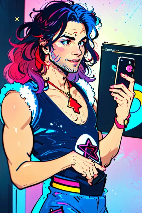 <lyco:Dan_Avidan-10:0.75> Dan Avidan, Danny Sexbang,(masterpiece, best illustration, extreme light and shadow, vivid colors), (shine, bloom), (ultra detailed), (90s cartoon, anime style),solo, 1boy, male focus, smile, red hair, holding, 90s style phone, black eyes, upper body, holding phone, afro,facial hair, stubble, looking at viewer, blue leotard, leotard, blue pants, pants, star /(symbol/), ribbon, parted lips, flat color, jewelry,shirt, red ribbon, necklace, sleeveless, corded phone,fantasy, shonen, Leigh Daniel Avidan, art by Shoocharu, (wide shot), cel animation style,(extremely detailed illustrated anime 8k wallpaper),(masterpiece), (best quality), (ultra-detailed), (best illustration),(best shadow),perfect lighting , perfect anatomy , vivid colors, (1980s rock star, 1980s aesthetic),(close up)