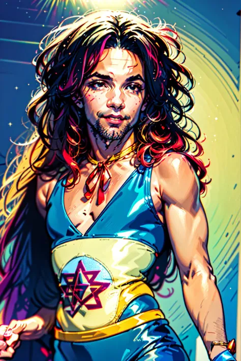 <lyco:Dan_Avidan-10:0.75> Dan Avidan, Danny Sexbang,(masterpiece, best illustration, extreme light and shadow, vivid colors), (shine, bloom), (ultra detailed), (90s cartoon, anime style),solo, 1boy, male focus, smile, red hair, holding, 90s style phone, black eyes, upper body, holding phone, afro,facial hair, stubble, looking at viewer, blue leotard, leotard, blue pants, pants, star /(symbol/), ribbon, parted lips, flat color, jewelry,shirt, red ribbon, necklace, sleeveless, corded phone,fantasy, shonen, Leigh Daniel Avidan, art by Shoocharu, (wide shot), cel animation style,(extremely detailed illustrated anime 8k wallpaper),(masterpiece), (best quality), (ultra-detailed), (best illustration),(best shadow),perfect lighting , perfect anatomy , vivid colors, (1980s rock star, 1980s aesthetic),(close up)