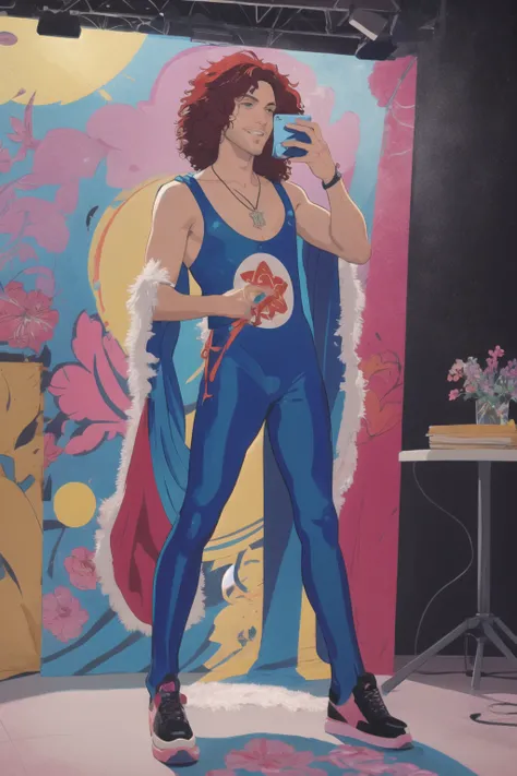 <lora:Dan_Avidan-10:0.75> Dan Avidan, Danny Sexbang,(masterpiece, best illustration, extreme light and shadow, vivid colors), (shine, bloom), (ultra detailed), (90s cartoon, anime style),solo, 1boy, male focus, smile, red hair, holding, 90s style phone, black eyes, upper body, holding phone, afro,facial hair, stubble, looking at viewer, blue leotard, leotard, blue pants, pants, star /(symbol/), ribbon, parted lips, cellphone, flat color, jewelry,shirt, red ribbon, necklace, sleeveless, corded phone, holding scissors, fantasy, shonen, Leigh Daniel Avidan, art by Shoocharu, (wide shot), cel animation style,(extremely detailed illustrated anime 8k wallpaper),(masterpiece), (best quality), (ultra-detailed), (best illustration),(best shadow),perfect lighting , perfect anatomy , vivid colors, (1980s rock star, 1980s aesthetic)