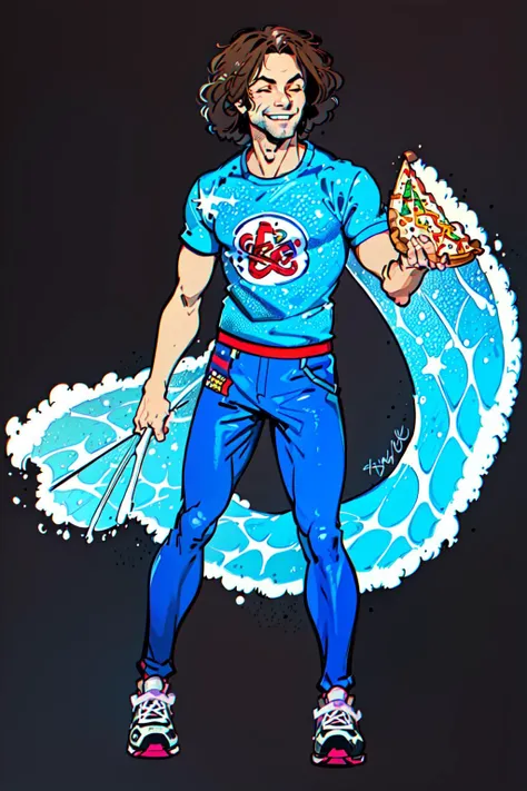 <lyco:Dan_Avidan-10:1> Dan Avidan,1boy, male focus, solo, brown hair, food, shoes, shirt, black background,monster boy, smile, cheese, pizza, sneakers, pants, full body, blue pants, closed eyes, simple background, signature, print shirt, star \(symbol\), fantasy, shonen, Leigh Daniel Avidan