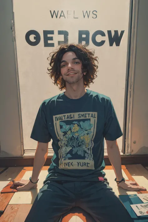 <lora:Dan_Avidan-10:0.75> Dan Avidan, (masterpiece, best illustration, extreme light and shadow, vivid colors),1boy, male focus, shirt, indoors, brown hair, neon backlighting, stubble, facial hair, scruffy face, long hair, sitting, short sleeves, green shirt with yellow stripe, sports shirt, solo, english text, clothes writing, solo focus, smile, Leigh Daniel Avidan