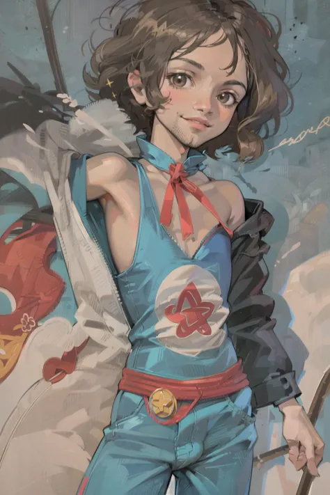 <lora:Dan_Avidan-10:0.75> Dan Avidan, Danny Sexbang,((male focus)),(masterpiece, best illustration, extreme light and shadow, vivid colors), (shine, bloom), (ultra detailed), (90s cartoon, anime style),solo, 1boy, male focus, smile, brown hair, brown eyes, afro, ((facial hair, stubble )), looking at viewer, blue leotard, leotard, blue pants, pants, star /(symbol/), flat color, sleeveless, fantasy, shonen, Leigh Daniel Avidan, art by Shoocharu, (wide shot), cel animation style,(extremely detailed illustrated anime 8k wallpaper),(masterpiece), (best quality), (ultra-detailed), (best illustration),(best shadow),perfect lighting , perfect anatomy , vivid colors, (1980s rock star, 1980s aesthetic),(close up)