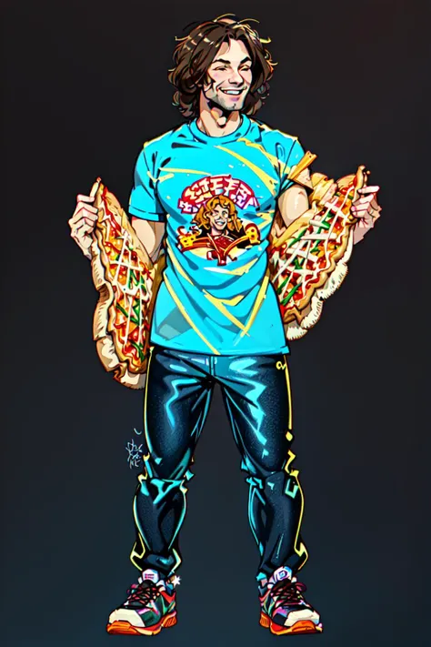 <lyco:Dan_Avidan-10:1> Dan Avidan,1boy, male focus, solo, brown hair, food, shoes, shirt, black background,monster boy, smile, cheese, pizza, sneakers, pants, full body, blue pants, closed eyes, simple background, signature, print shirt, star \(symbol\), fantasy, shonen, Leigh Daniel Avidan