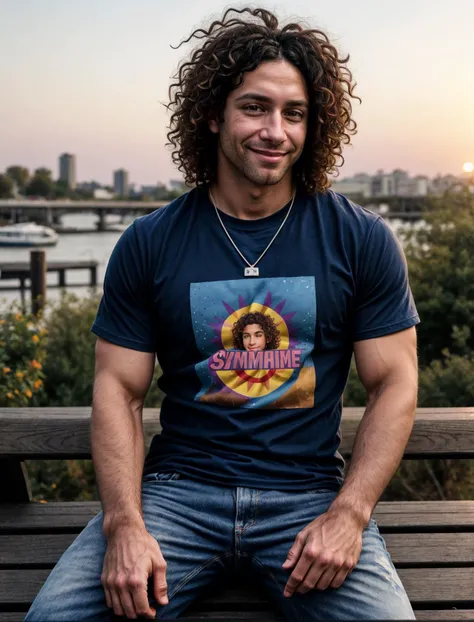 (GS-Masculine:1), (1boy), model shots, playful fun energy, sitting on a bench, tan glowing skin, depth of field, dynamic angles, <lora:more_details:0.5>, dan avidan, <lora:Dan_Avidan:0.5>, long hair, casual clothes, baggy jeans, (graphic tshirt:1.2), simple necklace, optimism, colorful sunset background, swashes of color, soft smile, a cute sweet man, big brown eyes
