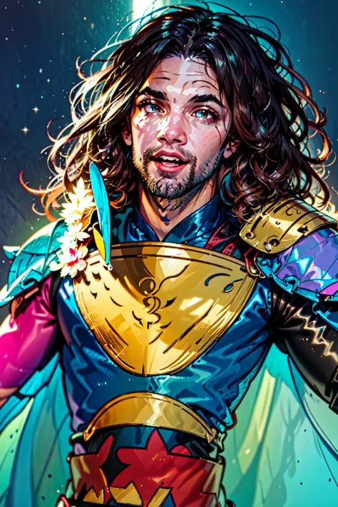 <lyco:Dan_Avidan-10:0.8> Dan Avidan, (masterpiece, best illustration, extreme light and shadow, vivid colors), (shine, bloom), (ultra detailed), (cartoon, anime style),solo, shoulder armor, open mouth, 1boy, armor, long hair, pauldrons, male focus, brown hair, wide-eyed, parody, looking at viewer, dynamic angle, rule of thirds, stubble, looking at viewer, fantasy, shonen, Leigh Daniel Avidan, art by Shoocharu, close up, cel animation style,