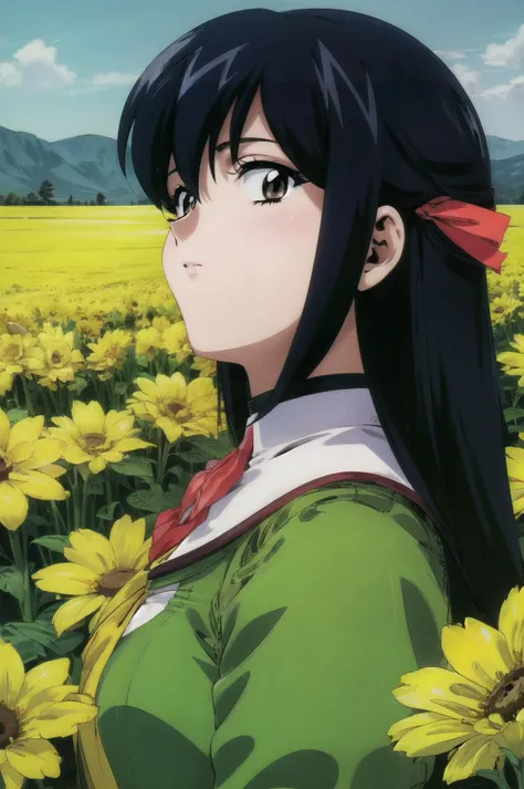 masterpiece, best quality, 1girl, looking at viewer, ultra detailed, <lora:add_detail:0.5>, <lora:rie_FW:1> , black hair, brown eyes, bangs, long hair, hair ribbon, flower field,