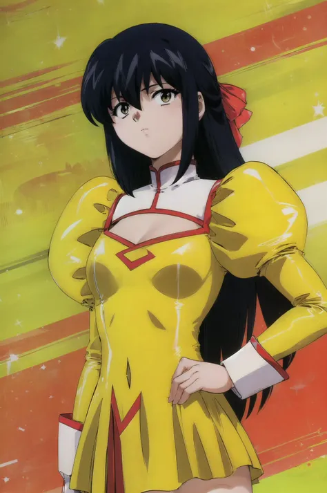 masterpiece, best quality, 1girl, looking at viewer, ultra detailed, <lora:add_detail:0.5>, <lora:rie_FW:1> , black hair, brown eyes, bangs, long hair, hair ribbon, simple background , long sleeves, dress,  puffy sleeves,  uniform, cleavage cutout, juliet sleeves, half updo, yellow dress, cowboy shot,
