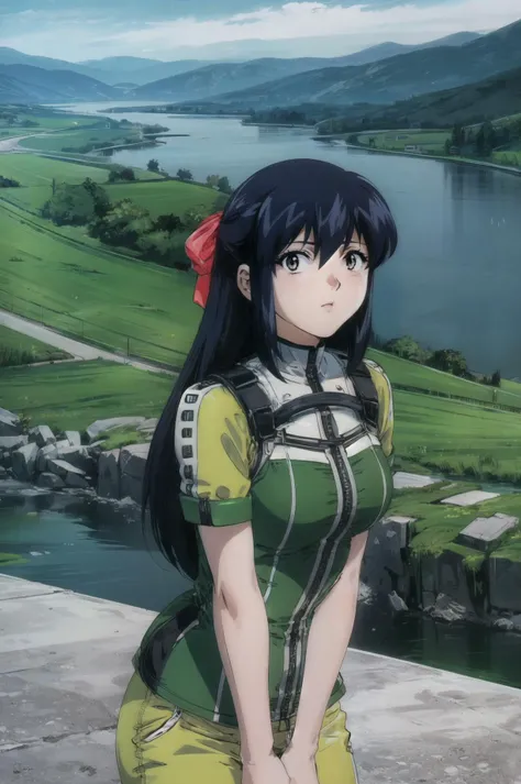 masterpiece, best quality, 1girl, looking at viewer, ultra detailed, <lora:add_detail:0.5>, <lora:rie_FW:1> , black hair, brown eyes, bangs, long hair, hair ribbon, valley, encircled by mountains, meandering river, scenic