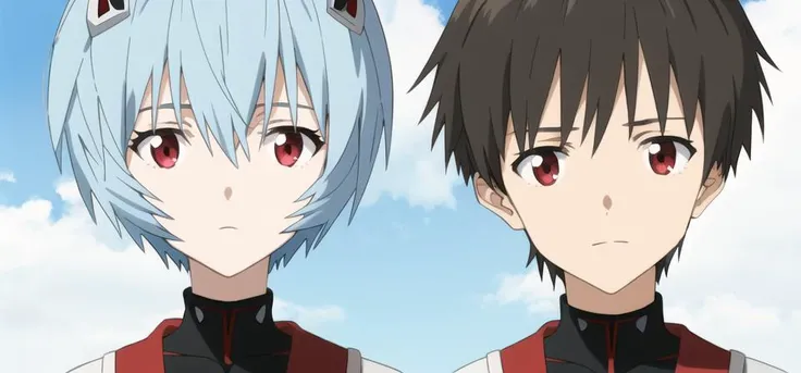 masterpiece, best quality,
evafinal, 1girl, red eyes, blue hair, ayanami rei, 1boy, short hair, parody, school uniform, ikari shinji, black hair,<lora:evafinalmagic-000001:0.6>