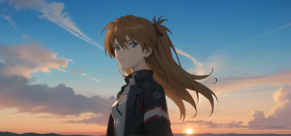 masterpiece, best quality,
evafinal, 1girl, solo, souryuu asuka langley, blue eyes, sky, long hair, cloud, brown hair, looking at viewer, blue sky,cloud, sky, outdoors, sunset,<lora:evafinalmagic-000001:0.6>