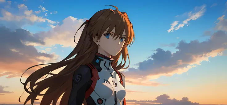 masterpiece, best quality,
evafinal, 1girl, solo, souryuu asuka langley, blue eyes, sky, long hair, cloud, brown hair, looking at viewer, blue sky,cloud, sky, outdoors, sunset,<lora:evafinalmagic-000001:0.6>