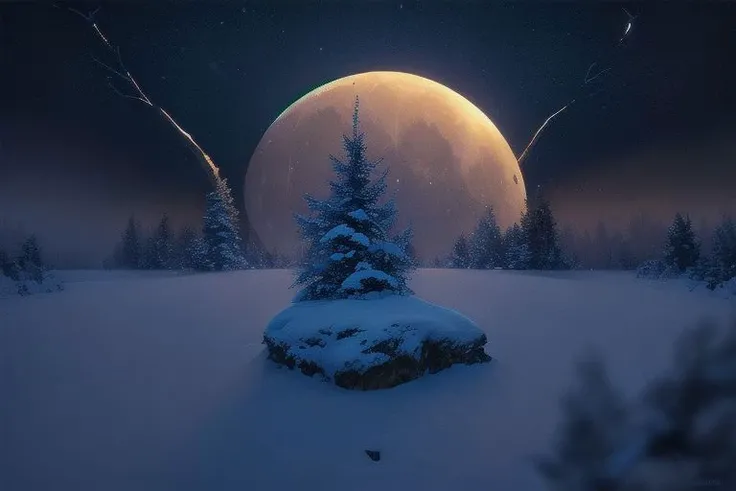 (masterpiece:1.2, best quality), (ultra-detailed), (illustration), (ultra highres), (delicate illustration), (hyper-detailed), (super detail:1.3), professional lighting, cinematic lighting, (nostalgia and peacefulness:1.3), professional (landscape painting) of natures, moon lighting, moon light on trees leaves, (dark cloud, dark night, full moon, dark lighting), snow, winter, wind, winter wind