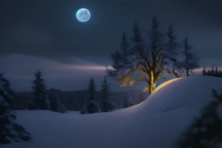 (masterpiece:1.2, best quality), (ultra-detailed), (illustration), (ultra highres), (delicate illustration), (hyper-detailed), (super detail:1.3), professional lighting, cinematic lighting, (nostalgia and peacefulness:1.3), professional (landscape painting) of natures, moon lighting, moon light on trees leaves, (dark cloud, dark night, full moon, dark lighting), snow, winter, wind, winter wind