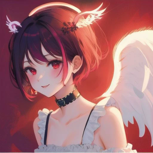 1girl, halo, sketch, halftone,
short hair, purple hair, choker, (((angel wings))), depth of field, (masterpiece, best quality), intricate details, thin, ((slim)), beautiful girl, perfect face, expressive eyes, twintail, white skin, red eyes, sharp jawline, messy hair, plump lips, upper body, smile, closed mouth, fire background, red background, burning background, destruction background, (end of times background), (((negative vibe background))), gone world background