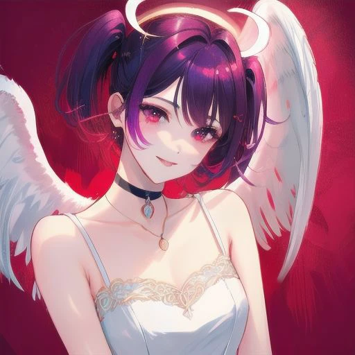 1girl, halo, sketch, halftone,
short hair, purple hair, choker, (((angel wings))), depth of field, (masterpiece, best quality), intricate details, thin, ((slim)), beautiful girl, perfect face, expressive eyes, twintail, white skin, red eyes, sharp jawline, messy hair, plump lips, upper body, smile, closed mouth, fire background, red background, burning background, destruction background, (end of times background), (((negative vibe background))), gone world background