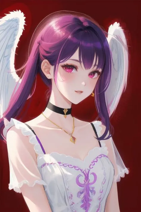 1girl, halo, sketch, halftone,
short hair, purple hair, choker, (((angel wings))), depth of field, (masterpiece, best quality), intricate details, thin, ((slim)), beautiful girl, perfect face, expressive eyes, twintail, white skin, red eyes, sharp jawline, messy hair, plump lips, upper body, smile, closed mouth, fire background, red background, burning background, destruction background, (end of times background), (((negative vibe background))), gone world background