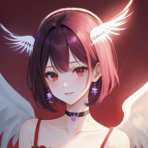 1girl, halo, sketch, halftone,
short hair, purple hair, choker, (((angel wings))), depth of field, (masterpiece, best quality), intricate details, thin, ((slim)), beautiful girl, perfect face, expressive eyes, twintail, white skin, red eyes, sharp jawline, messy hair, plump lips, upper body, smile, closed mouth, fire background, red background, burning background, destruction background, (end of times background), (((negative vibe background))), gone world background