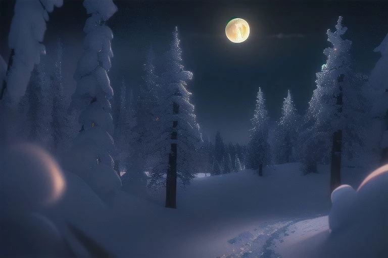 (masterpiece:1.2, best quality), (ultra-detailed), (illustration), (ultra highres), (delicate illustration), (hyper-detailed), (super detail:1.3), professional lighting, cinematic lighting, (nostalgia and peacefulness:1.3), professional (landscape painting) of natures, moon lighting, moon light on trees leaves, (dark cloud, dark night, full moon, dark lighting), snow, winter, wind, winter wind