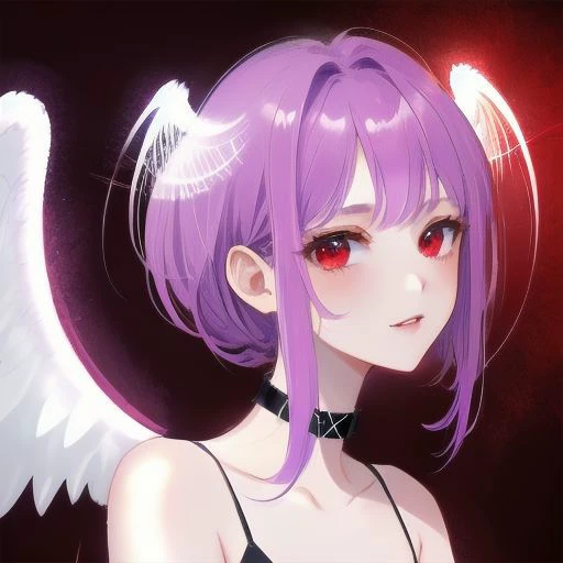 1girl, halo, sketch, halftone,
short hair, purple hair, choker, (((angel wings))), depth of field, (masterpiece, best quality), intricate details, thin, ((slim)), beautiful girl, perfect face, expressive eyes, twintail, white skin, red eyes, sharp jawline, messy hair, plump lips, upper body, smile, closed mouth, fire background, red background, burning background, destruction background, (end of times background), (((negative vibe background))), gone world background
