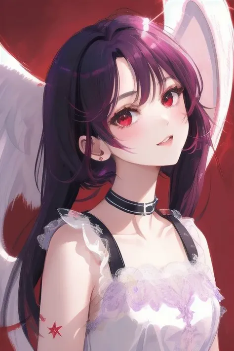 1girl, halo, sketch, halftone,
short hair, purple hair, choker, (((angel wings))), depth of field, (masterpiece, best quality), intricate details, thin, ((slim)), beautiful girl, perfect face, expressive eyes, twintail, white skin, red eyes, sharp jawline, messy hair, plump lips, upper body, smile, closed mouth, fire background, red background, burning background, destruction background, (end of times background), (((negative vibe background))), gone world background