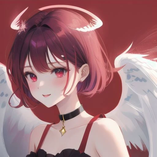 1girl, halo, sketch, halftone,
short hair, purple hair, choker, (((angel wings))), depth of field, (masterpiece, best quality), intricate details, thin, ((slim)), beautiful girl, perfect face, expressive eyes, twintail, white skin, red eyes, sharp jawline, messy hair, plump lips, upper body, smile, closed mouth, fire background, red background, burning background, destruction background, (end of times background), (((negative vibe background))), gone world background