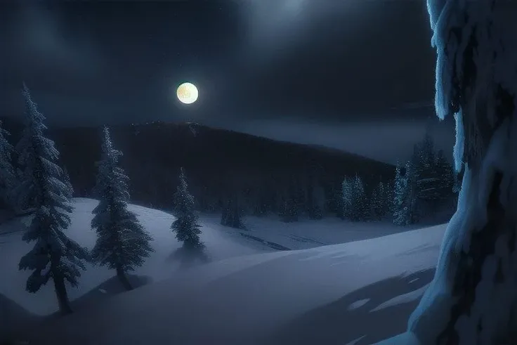 (masterpiece:1.2, best quality), (ultra-detailed), (illustration), (ultra highres), (delicate illustration), (hyper-detailed), (super detail:1.3), professional lighting, cinematic lighting, (nostalgia and peacefulness:1.3), professional (landscape painting) of natures, moon lighting, moon light on trees leaves, (dark cloud, dark night, full moon, dark lighting), snow, winter, wind, winter wind