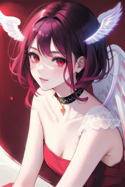 1girl, halo, sketch, halftone,
short hair, purple hair, choker, (((angel wings))), depth of field, (masterpiece, best quality), intricate details, thin, ((slim)), beautiful girl, perfect face, expressive eyes, twintail, white skin, red eyes, sharp jawline, messy hair, plump lips, upper body, smile, closed mouth, fire background, red background, burning background, destruction background, (end of times background), (((negative vibe background))), gone world background