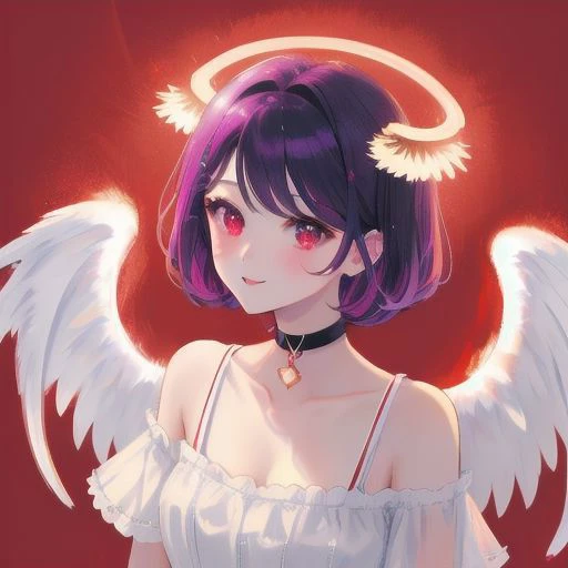 1girl, halo, sketch, halftone,
short hair, purple hair, choker, (((angel wings))), depth of field, (masterpiece, best quality), intricate details, thin, ((slim)), beautiful girl, perfect face, expressive eyes, twintail, white skin, red eyes, sharp jawline, messy hair, plump lips, upper body, smile, closed mouth, fire background, red background, burning background, destruction background, (end of times background), (((negative vibe background))), gone world background