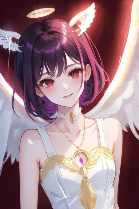 1girl, halo, sketch, halftone,
short hair, purple hair, choker, (((angel wings))), depth of field, (masterpiece, best quality), intricate details, thin, ((slim)), beautiful girl, perfect face, expressive eyes, twintail, white skin, red eyes, sharp jawline, messy hair, plump lips, upper body, smile, closed mouth, fire background, red background, burning background, destruction background, (end of times background), (((negative vibe background))), gone world background