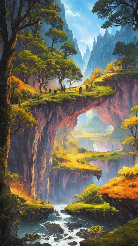landscape,  A fantastic world with happy people, huge trees, hidden houses, a valley, high cliffs, an atmosphere of blis, twilight mood, Highly detailed oil painting, in the style of [Esao Andrews, Brian M. Viveros, Cyril Rolando], double exposure, perfect hands, seamless, dehazed, sharp focus, HDR, highly detailed texture and patterns, luminism, perfect curved line composition, divine proportions, cinematic, 32k, Volumetric lighting